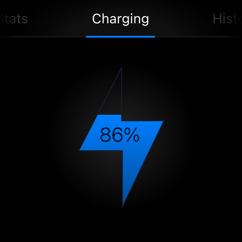 Battery charging screen UI showing 86% charge
